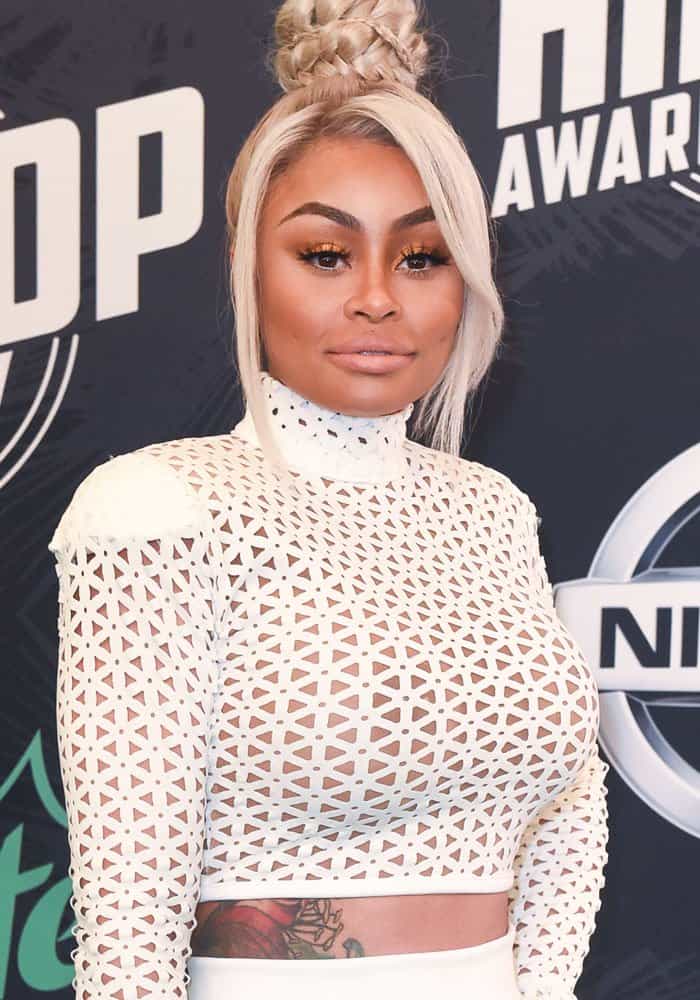 Blac Chyna styled her hair in a braided top knot at the 2017 BET Hip Hop Awards