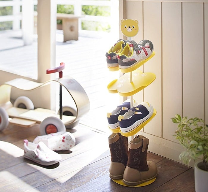 The Yamazaki kids’ shoe rack uses a playful vertical design to neatly display smaller pairs, keeping everyday shoes organized, accessible, and off the floor in compact family spaces