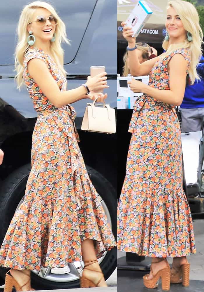 Julianne keeps the floral look effortless with oversized Chloé “Carlina” sunglasses and her brown “Eryn” platforms adding height and structure