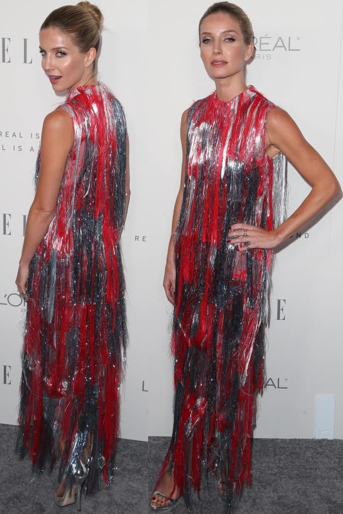 Annabelle Wallis wearing an Erdem Spring 2018 dress and Miu Miu metallic silver sandals at Elle's 24th Annual Women in Hollywood Celebration