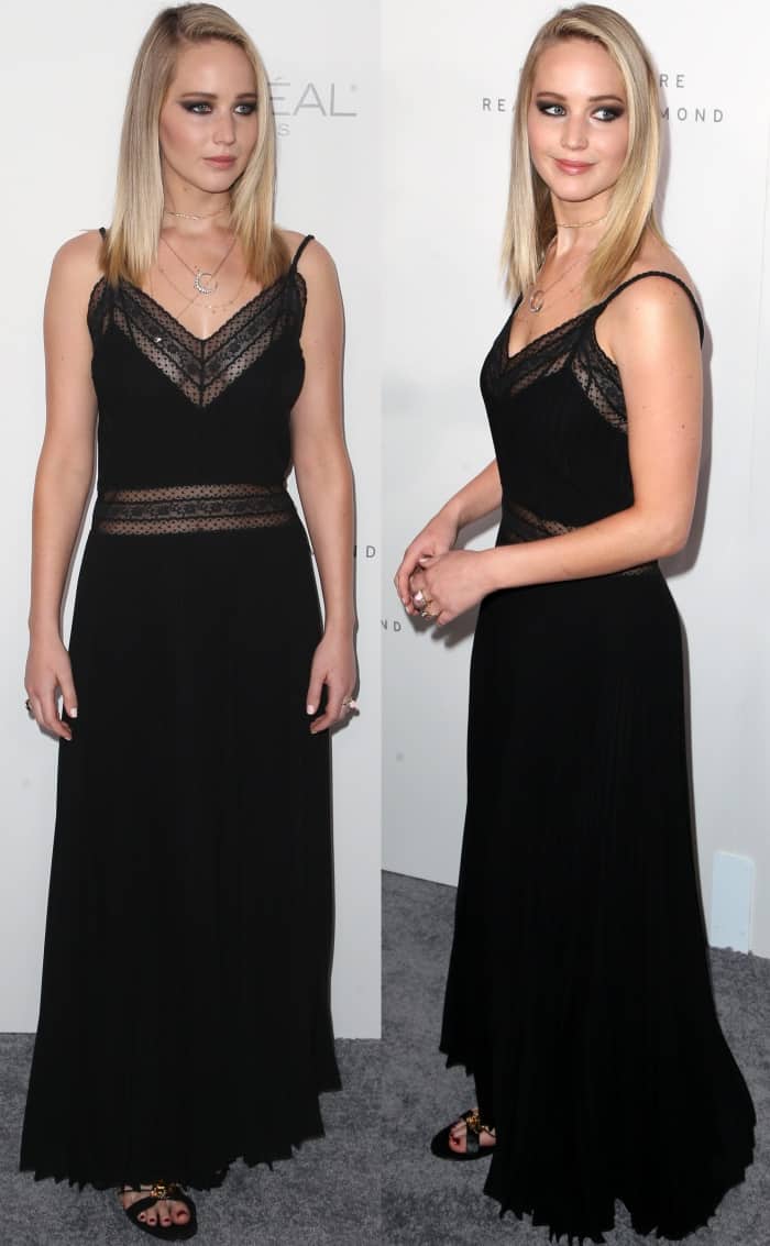 Jennifer Lawrence wearing a Christian Dior Spring 2018 dress paired with Casadei Metal Plaque sandals, a Fernando Jorge Fluid Diamonds choker, and a Sylva Cie Faceted Blue Topaz Hematite ring