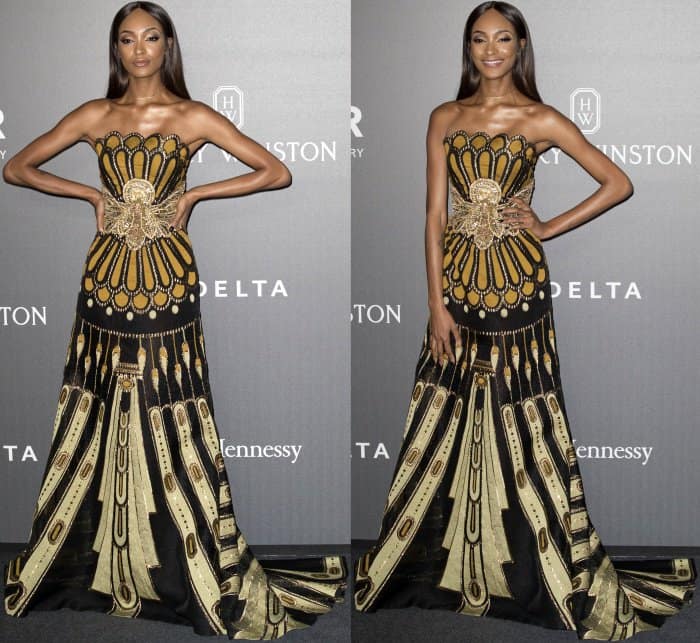 Jourdan Dunn makes a statement in a bold Naeem Khan Fall 2017 gown, letting the abstract details shine with minimalist styling