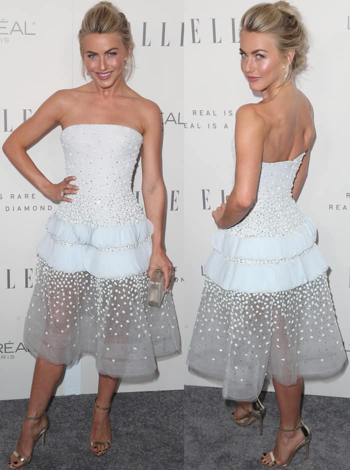 Julianne Hough dazzled in a strapless Georges Chakra dress featuring pearl embellishments and a sheer, layered skirt, completing her look with metallic ankle-strap heels and a box clutch