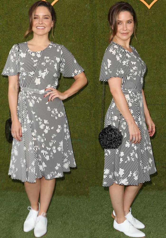 Sophia Bush wearing an Altuzarra Pre-Fall 2017 dress and white lace-up dress shoes at the 8th Annual Veuve Clicquot Polo Classic