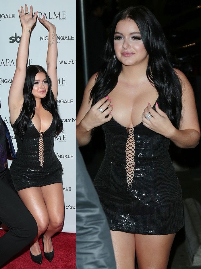 Radiating playful energy on the red carpet, Ariel shows off the daring front detail of her sparkling mini dress