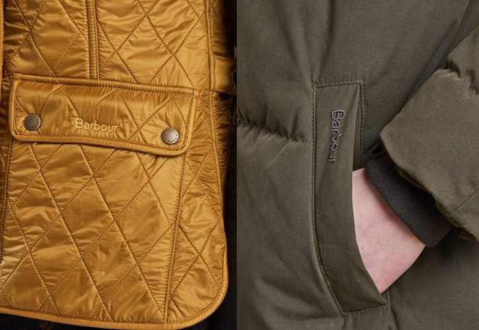 Authentic Barbour jackets feature precisely stitched brand names near the pockets, with clean embroidery that matches the fabric color and font used on the inner label