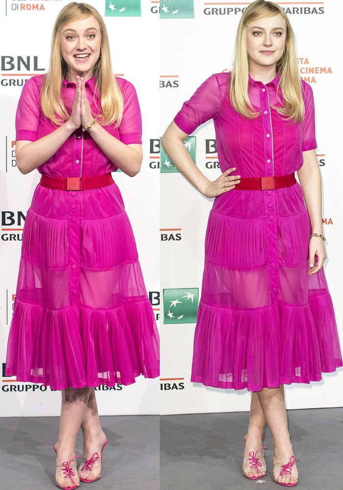 Dakota Fanning channels playful femininity at the Rome Film Festival in a sheer pink No. 21 organza dress, cinched with a bold belt and styled with matching Gianvito Rossi PVC mules