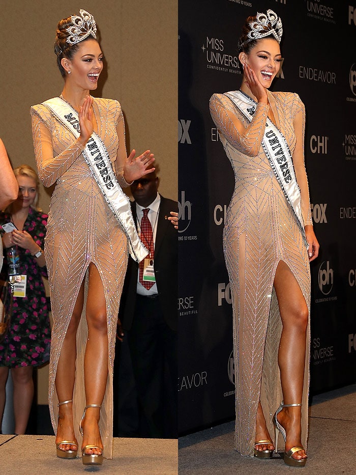 Miss South Africa and Miss Universe 2017 Demi-Leigh Nel-Peters posing in the press room after winning the 2017 Miss Universe Pageant held at The Axis at Planet Hollywood Resort Casino in Las Vegas, Nevada, on November 26, 2017.