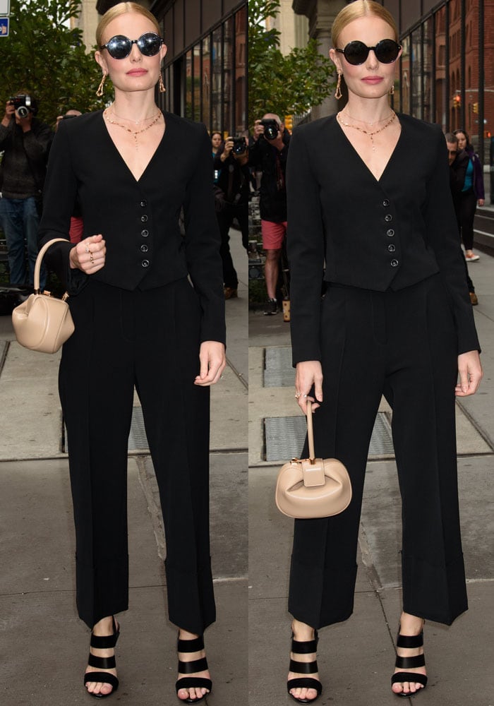 Kate Bosworth balanced sharp Frame tailoring with velvet-and-satin Giuseppe Zanotti "Harmony" sandals for her AOL Build appearance in New York City