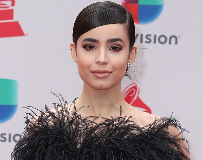Sofia Carson smolders in soft glam makeup and a sleek side-parted updo, letting the dramatic feathered neckline of her Elie Saab gown take center stage
