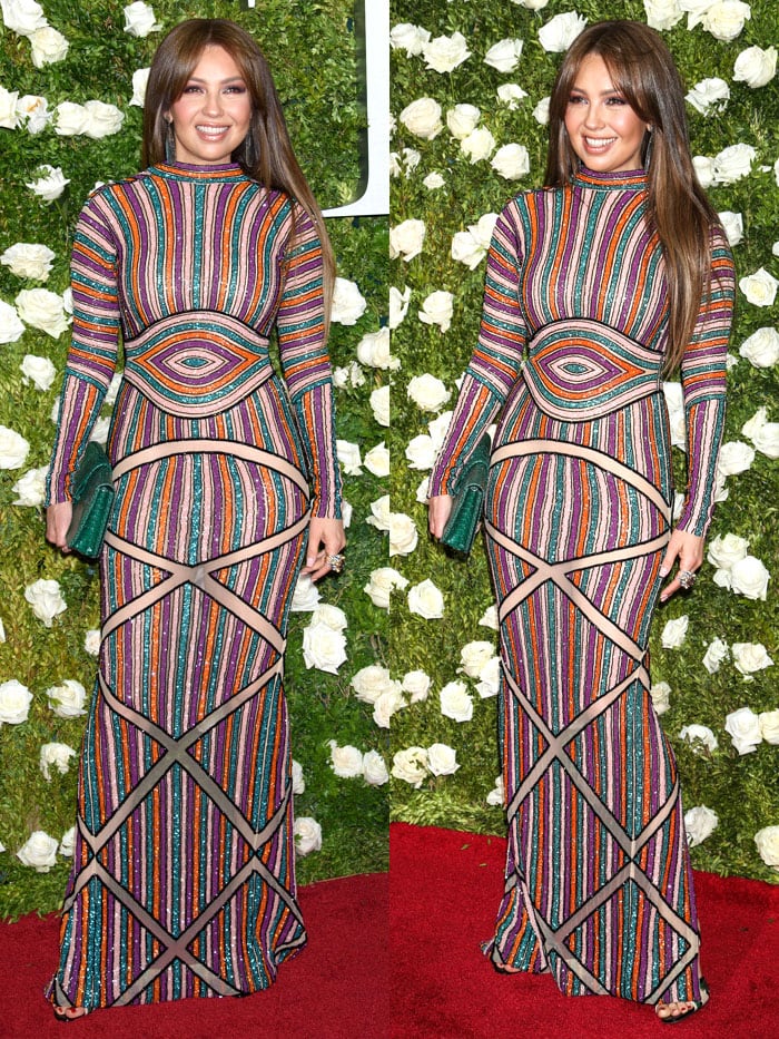 At the 71st Annual Tony Awards at Radio City Music Hall in New York City on June 11, 2017, Thalía paired her multicolored beaded Elie Madi gown with playful green-and-ivory Prada “Hot Rod” wedges, adding a bold, retro twist to the sleek red-carpet silhouette