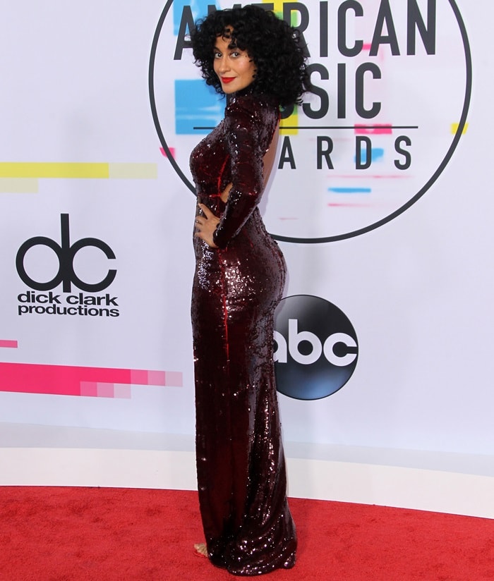 Tracee Ellis Ross wearing a sequined Stella McCartney dress at the 2017 American Music Awards held at the Microsoft Theater in Los Angeles on November 19, 2017
