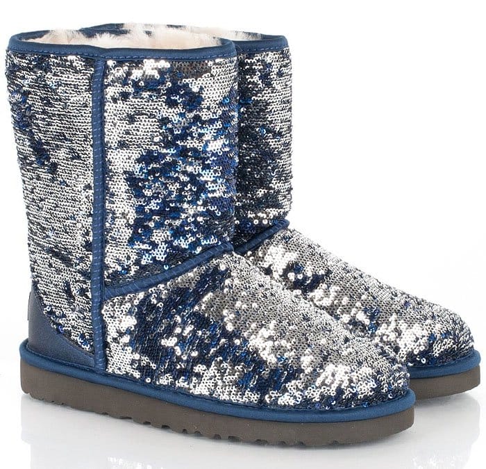 UGG Classic Short “Sparkle” Boots in Blue/Silver sequins, featuring double-sided reversible sequins with plush sheepskin lining and a durable EVA sole