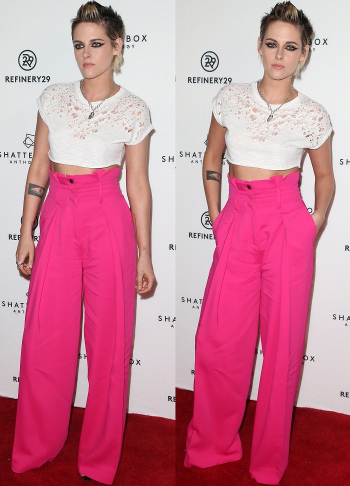 Kristen Stewart wearing the Murmur "Fade" shirt, Zuhair Murad Pre-Fall 2017 pants, and Giuseppe Zanotti "Mischa" sandals