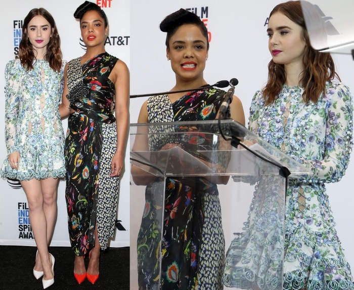 Tessa Thompson and Lily Collins at the 33rd Film Independent Spirit Awards nominations press conference