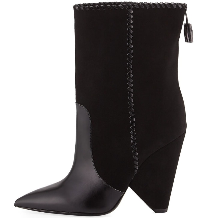 Saint Laurent “Niki” mixed-leather mid-calf boots featuring smooth leather panels, a pointed toe, and a sculptural cone wedge heel