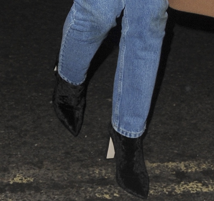 Sofia Richie wearing black velvet pointy-toe Jimmy Choo "Louella" stretch booties