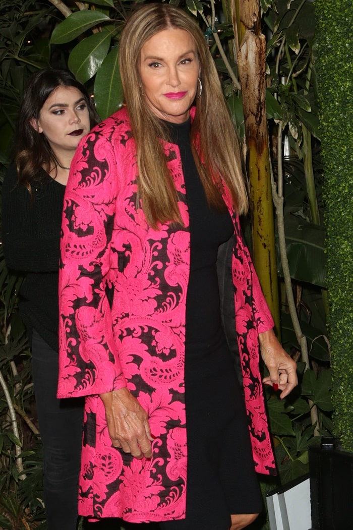 Stepping through the Chateau Marmont grounds, Caitlyn Jenner’s bold jacket adds graphic contrast against the lush green backdrop