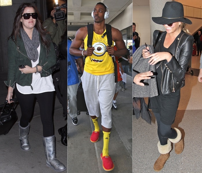 Celebrities wearing UGGs at the airport: Khloé Kardashian arrives at JFK airport on December 9, 2009 / Dwight Howard, wearing a Ugg red slippers and a minion top, at Los Angeles International Airport (LAX) on September 8, 2014 / Chrissy Teigen arrives at LAX airport in Los Angeles on January 23, 2015