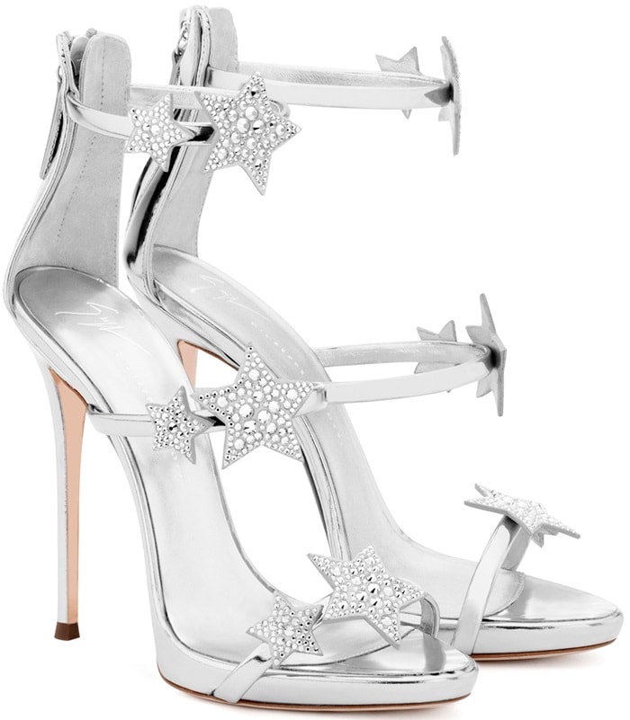 Giuseppe Zanotti 'Harmony Star' mirrored silver sandal with three straps and stars