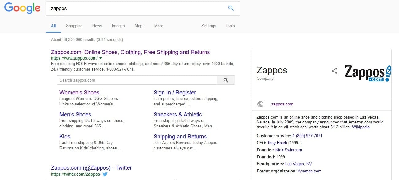 A quick Google search confirms that reputable retailers like Zappos have verified domains, strong brand presence, and clear customer service information