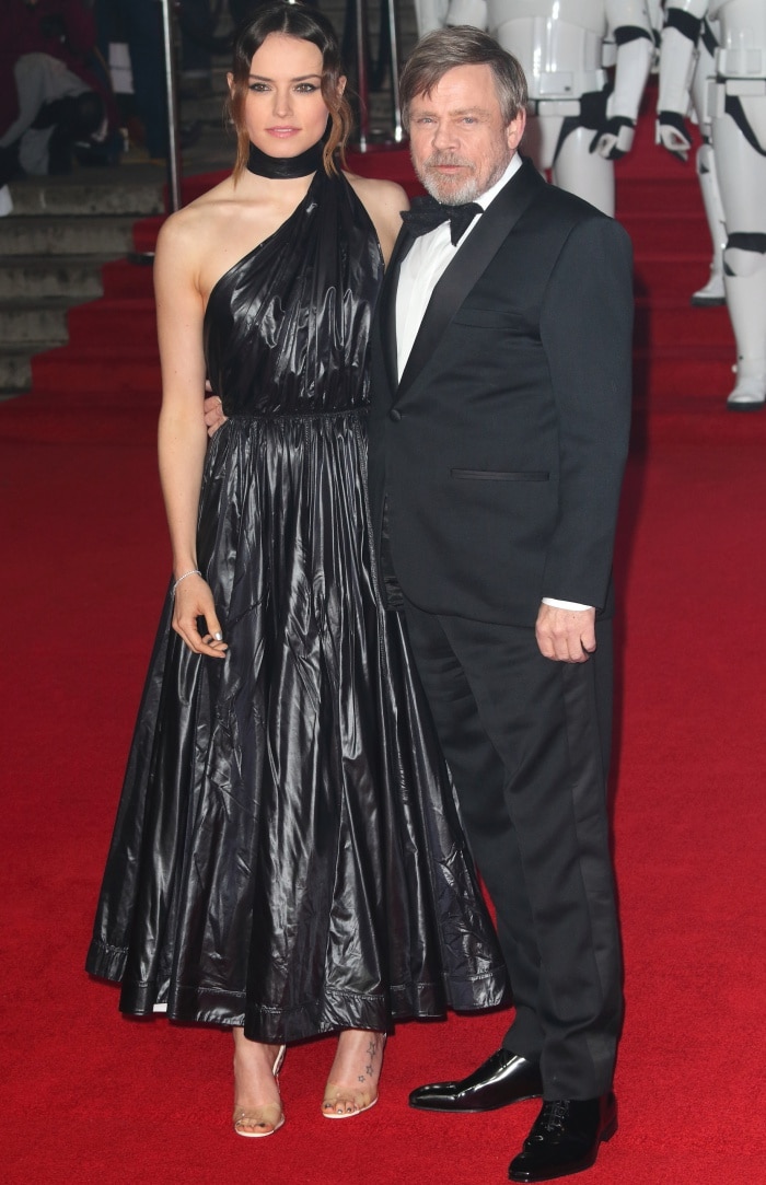 Daisy Ridley with co-star Mark Hamill at the "Star Wars: The Last Jedi" UK premiere