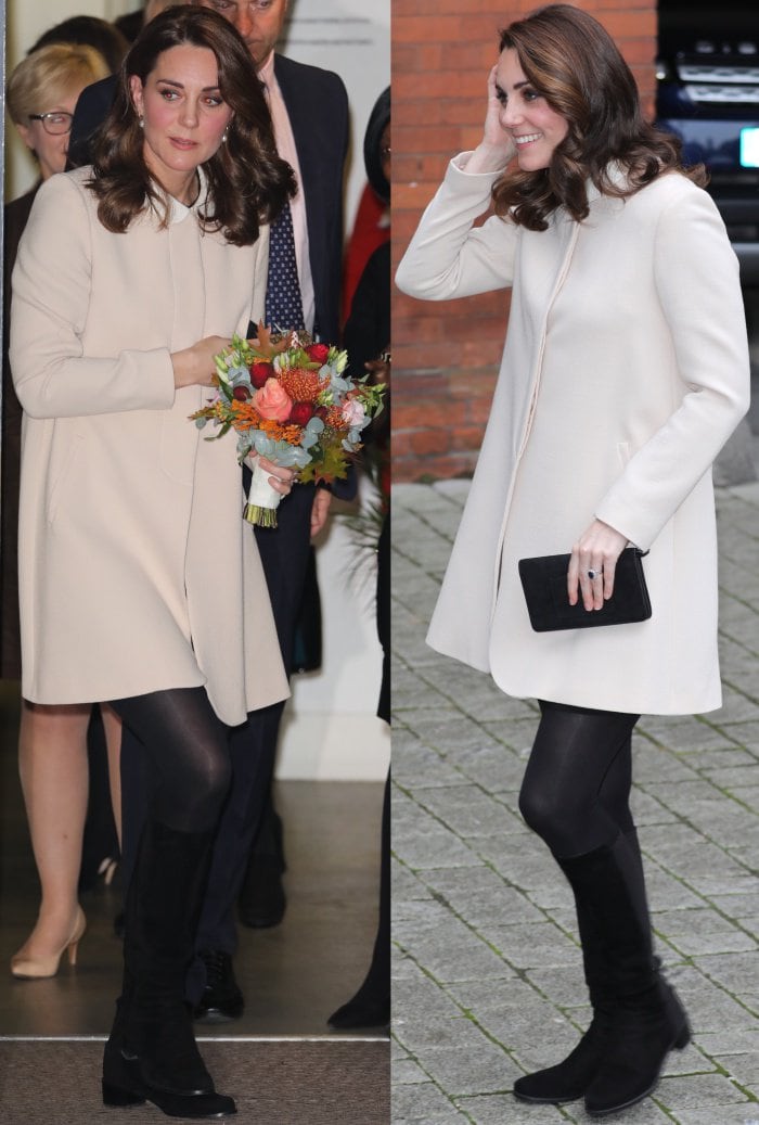 Kate Middleton in black tights totes a Mulberry "Bayswater" clutch