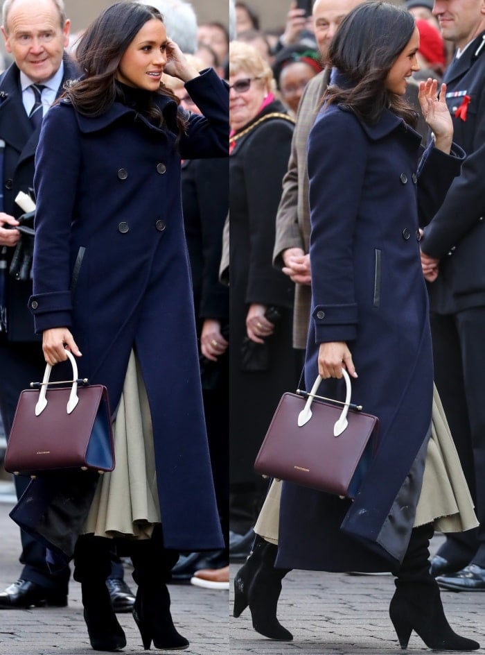 Meghan Markle shows off her tri-color burgundy Strathberry Midi Tote