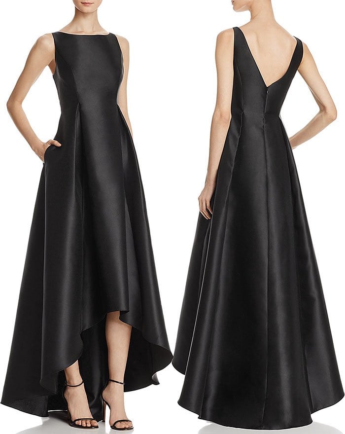 The Adrianna Papell “Arcadia” high-low ball gown originally retailed for $199, featuring a sleek bateau neckline, sculpted bodice, and dramatic cascading hem