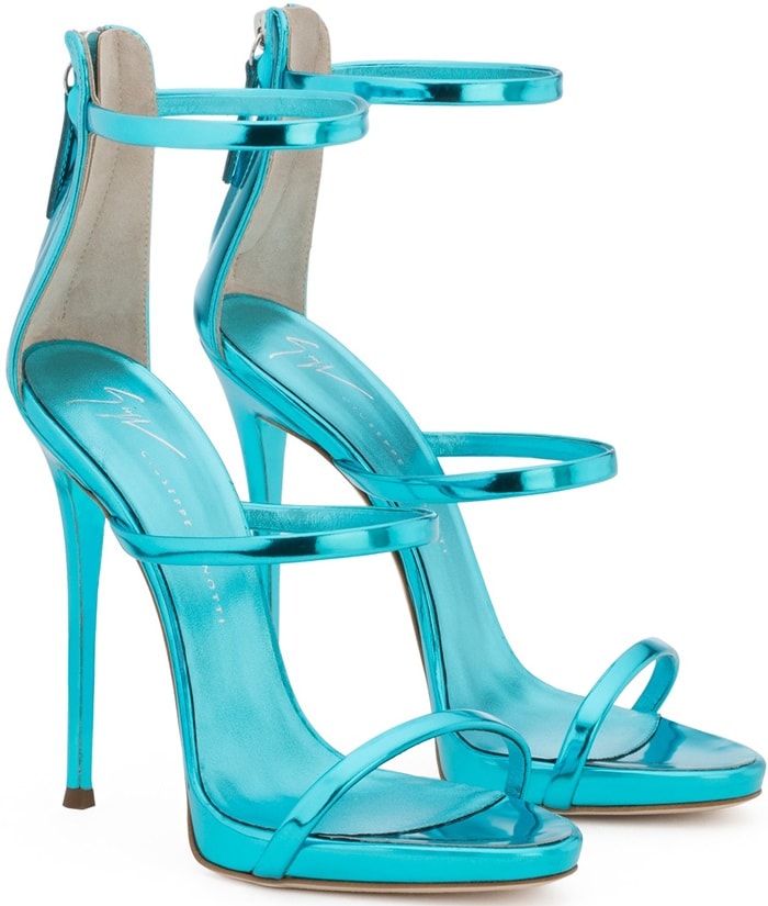 Blue patent leather sandal with three straps