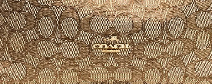 Close-up of the metallic Coach logo stamped over the brand’s Signature “C” jacquard pattern — one of the most reliable markers of authenticity in Coach handbags