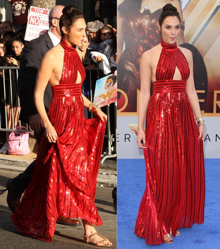 Gal Gadot balanced red-carpet drama with practicality at the Wonder Woman premiere, pairing her shimmering red gown with gladiator flats that prioritized comfort without sacrificing impact