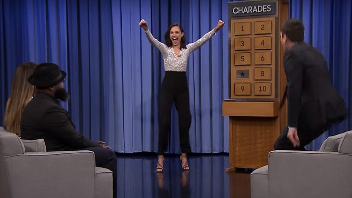 Gal Gadot playing a game Charades during her guest appearance on an episode of The Tonight Show Starring Jimmy Fallon