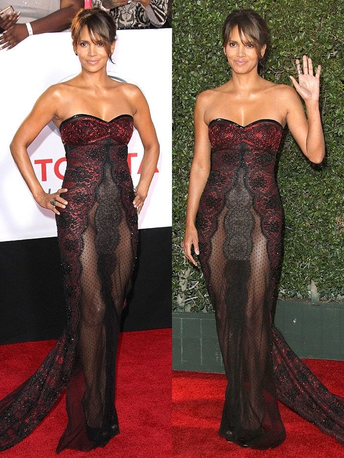 Striking confident poses, Halle Berry lets the gown’s delicate layering and merlot undertones shine under the red-carpet lights