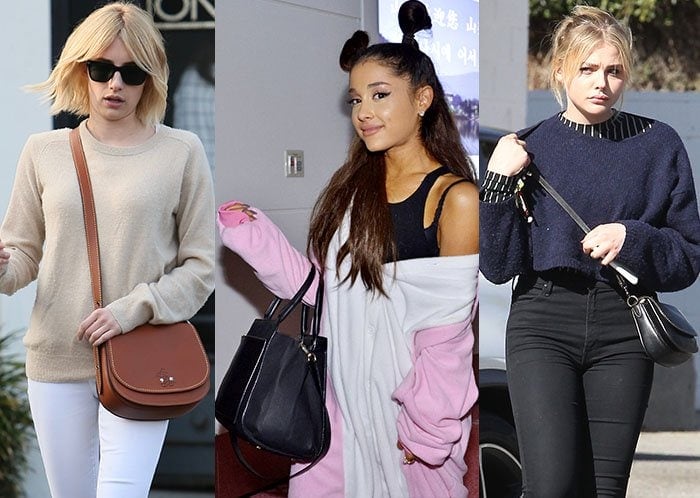 Emma Roberts, Ariana Grande, and Chloë Grace Moretz all showcase their favorite Coach handbags, proving the label’s cross-generational appeal—from Roberts’ minimalist tan crossbody to Grande’s black leather tote and Moretz’s chic shoulder bag