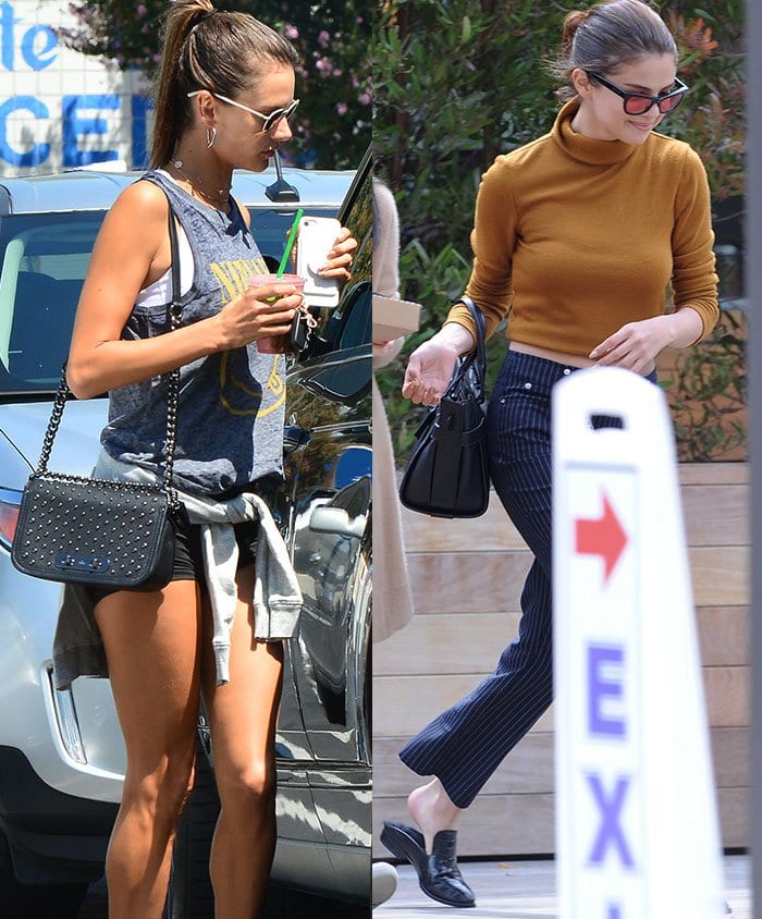 Alessandra Ambrosio pairs her studded Coach crossbody with a sporty tank and shorts, while Selena Gomez keeps things refined in a camel-colored turtleneck and pinstriped trousers, complemented by a structured black Coach satchel