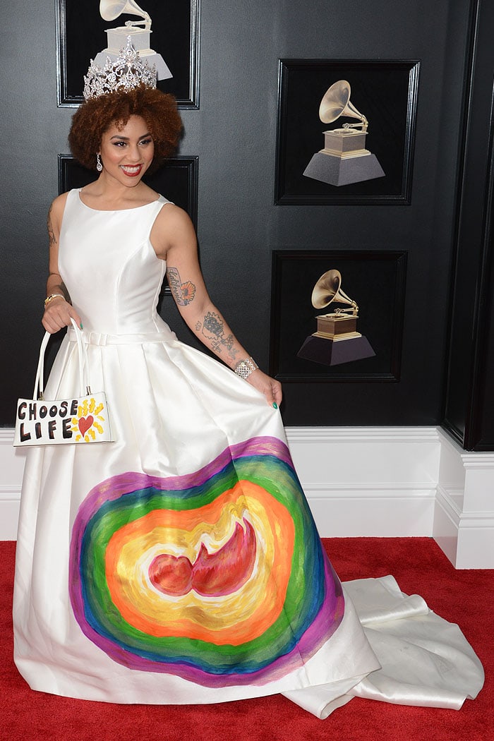 Joy Villa wearing her hand-painted pro-life gown at the 2018 Grammy Awards