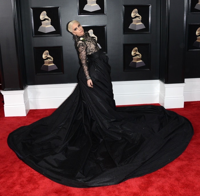Lady Gaga wearing a custom Armani Privè hybrid gown at the 2018 Grammy Awards held at Madison Square Garden in New York City on January 28, 2018