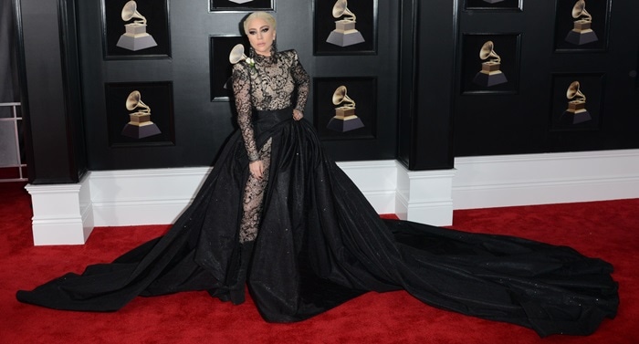 Lady Gaga wearing a custom Armani Privè hybrid gown at the 2018 Grammy Awards held at Madison Square Garden in New York City on January 28, 2018