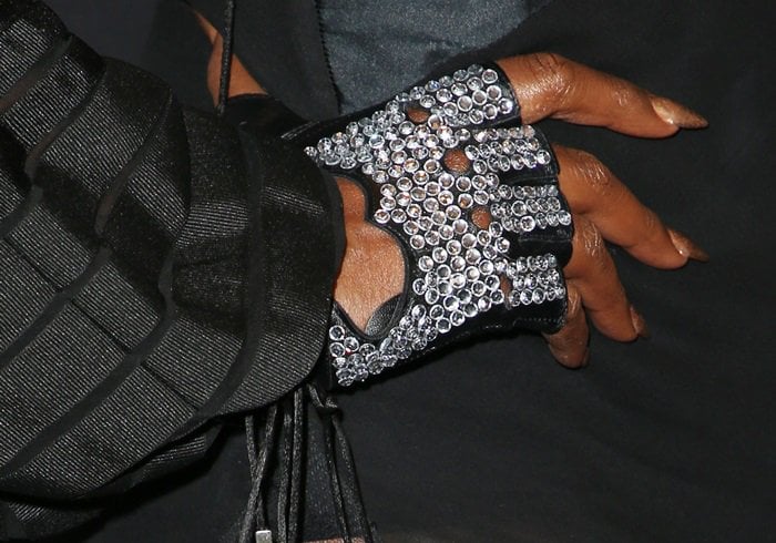 Laverne Cox showing off her diamond fingerless gloves inspired by Michael Jackson