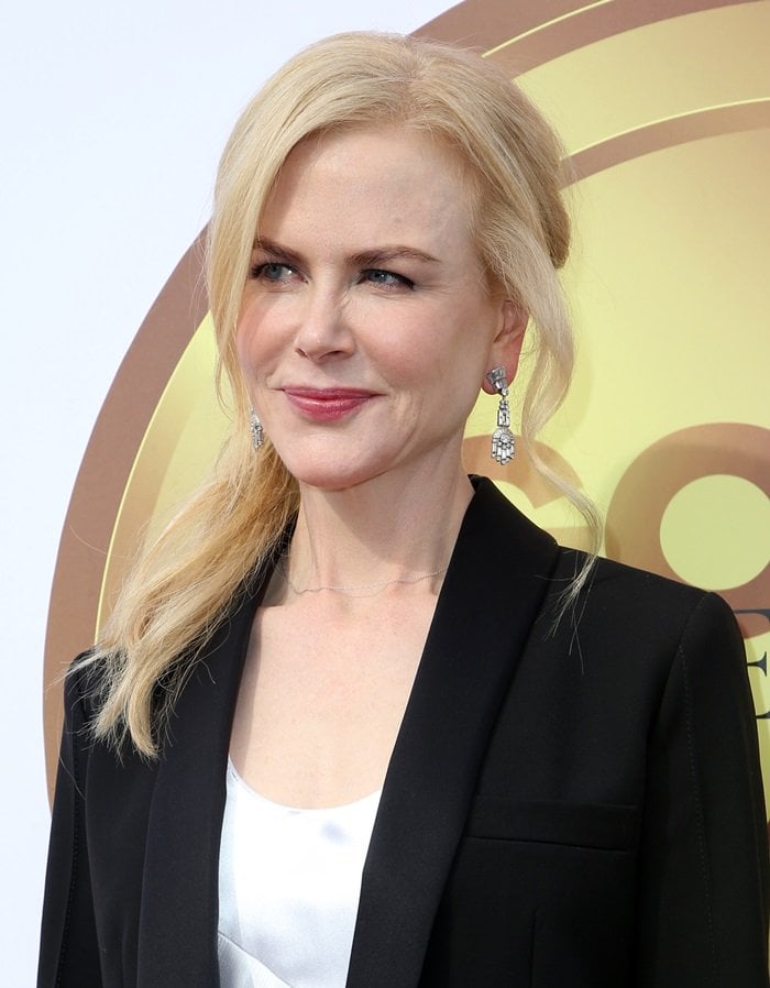 Nicole Kidman wearing a silk dress and blazer from Louis Vuitton at the Gold Meets Golden Party in Los Angeles on January 6, 2018