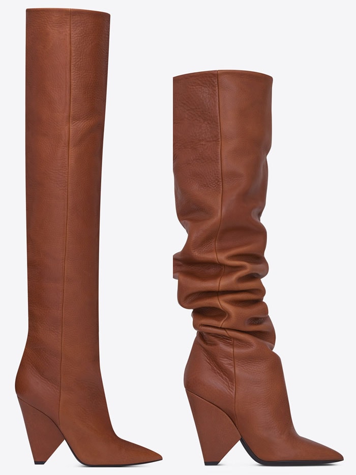 Saint Laurent “Niki” 105 thigh-high boots in cognac leather, designed with a sharp pointed toe and cone heel, shown styled both sleek and slouched for versatile wear
