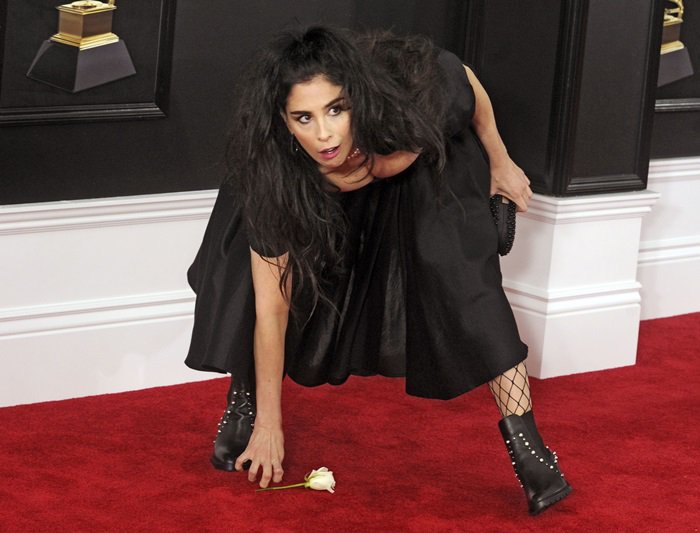 Sarah Silverman crouches down on the red carpet to pick up her white rose