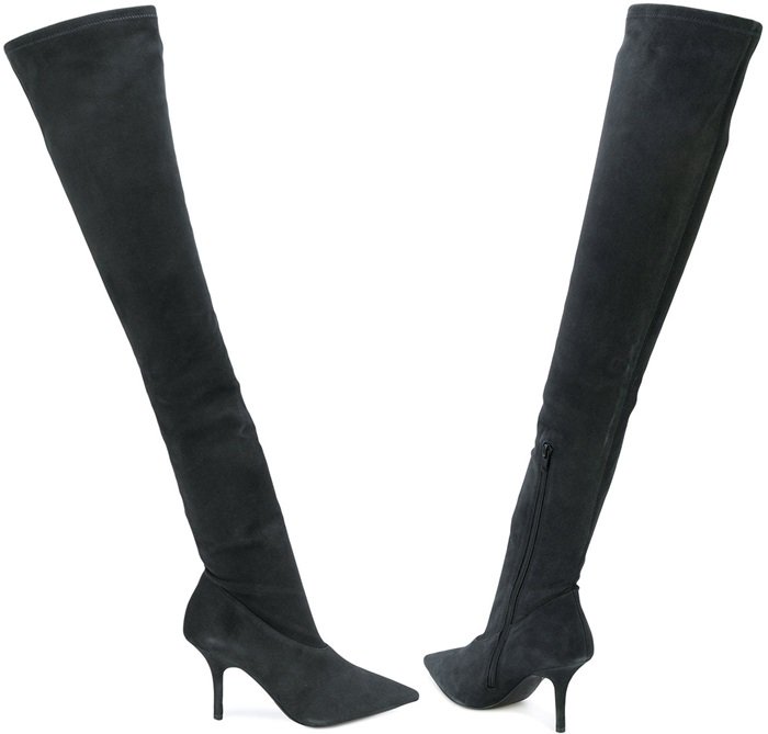 Yeezy Season 5 suede thigh-high boots with a sleek pointed toe and slim stiletto heel