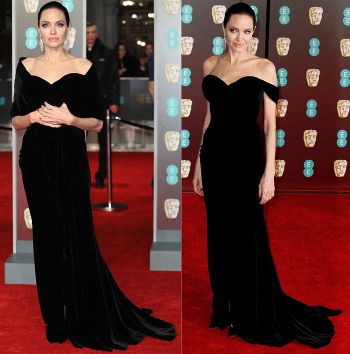 Angelina Jolie wearing a custom Ralph Russo Couture velvet gown at the 2018 EE British Academy Film Awards