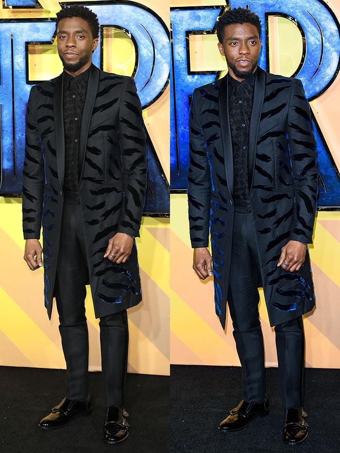 Chadwick Boseman is wearing a Givenchy Spring 2018 ensemble featuring a tiger-striped long blazer