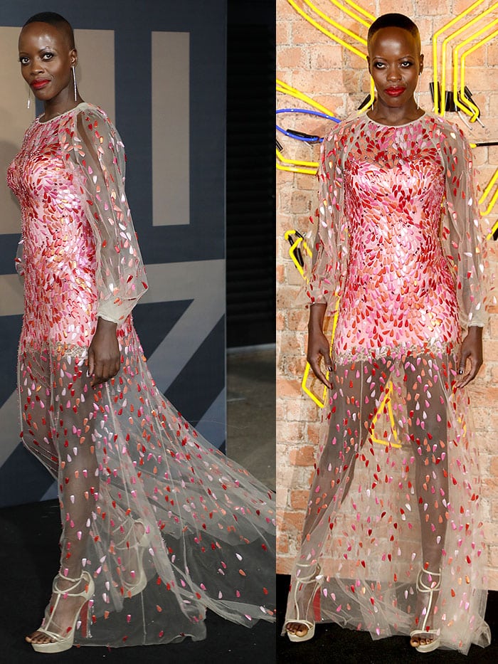 Florence Kasumba in a Jenny Packham Spring 2017 gown and Louboutin 'Golden Blake' heels.