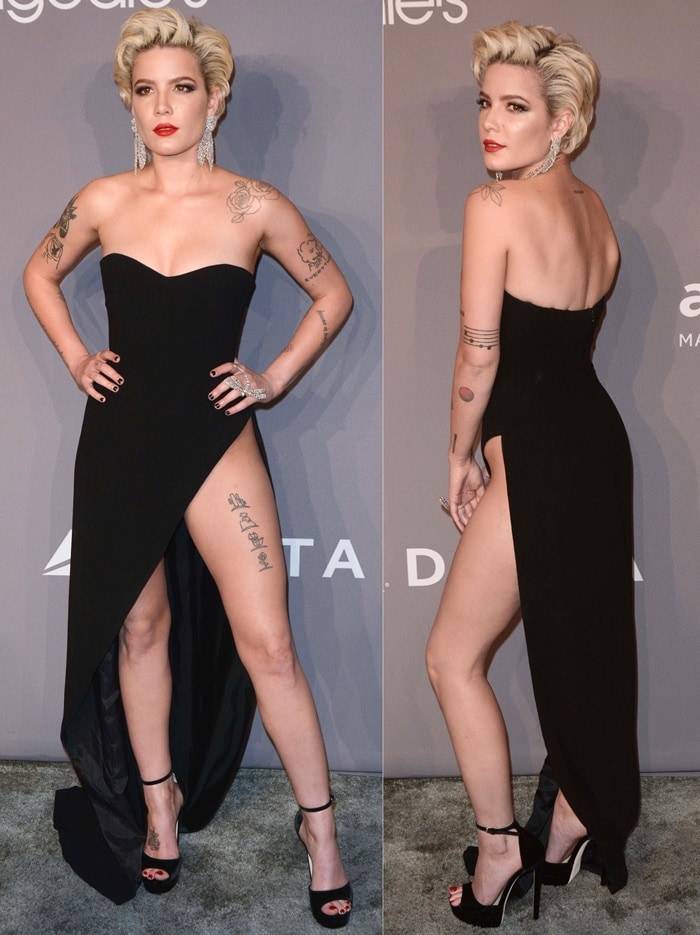 Halsey wears a black Georges Hobeika gown with a high slit and towering Jimmy Choo 'Max' sandals at the 2018 amfAR Gala