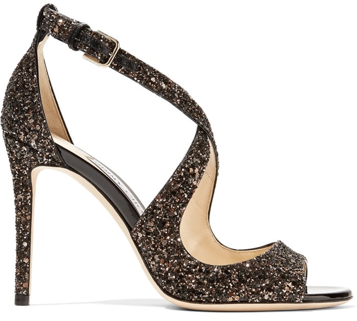 These 100mm stiletto sandals are saturated in flecks of black and bronze glitter this season