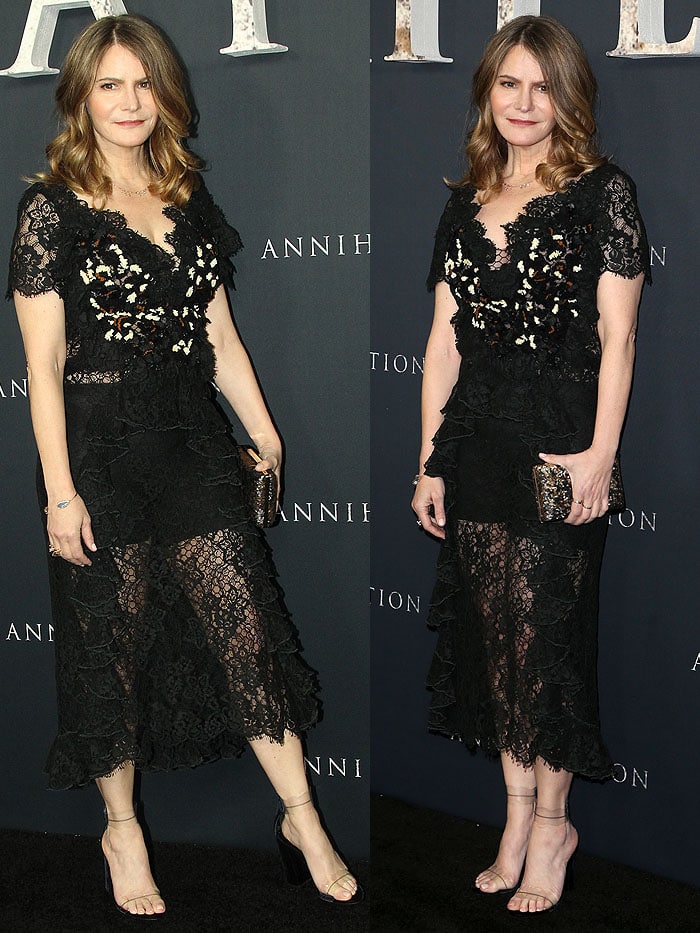 Jennifer Jason Leigh wearing a Rodarte Spring 2017 lace dress with Marskinryyppy 'Piwi' sandals